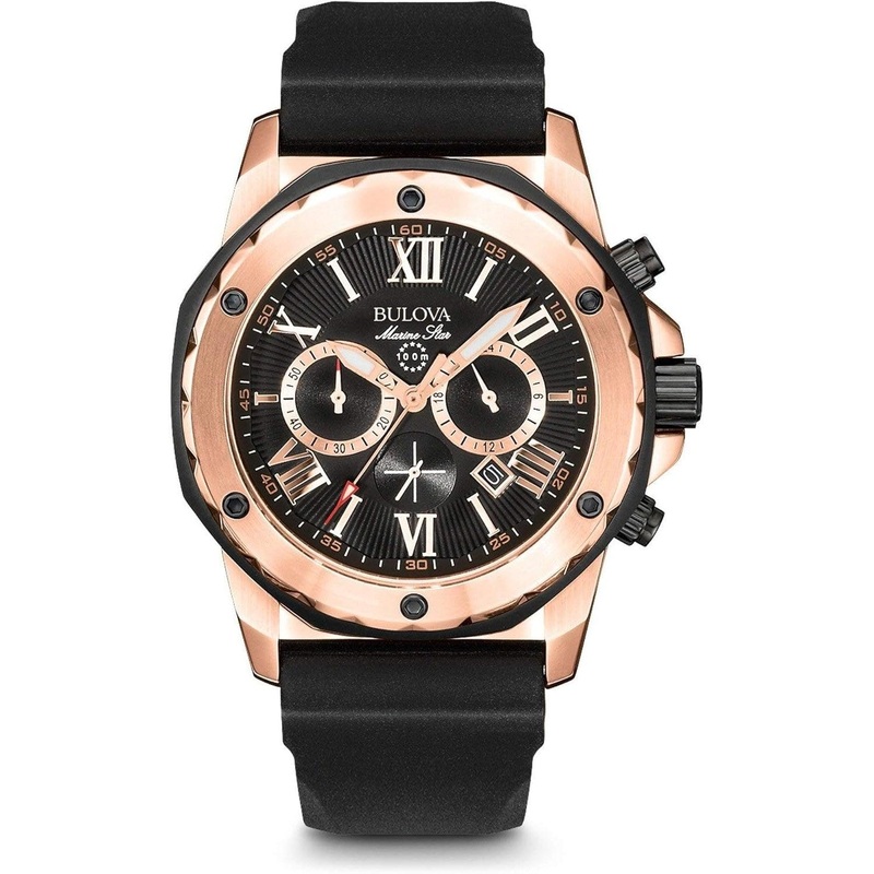 Bulova Men’s Marine Star Series A Rose Gold Stainless Steel 6-Hand Chronograph Quartz Watch, Black Silicone Strap Style: 98B104