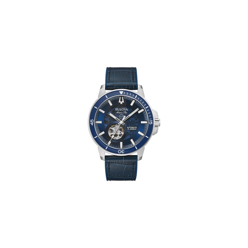 Bulova Men’s Marine Star ‘Series C’ Automatic Stainless Steel 3-Hand Watch, Exhibition Case, Rotating Bezel Blue Strap