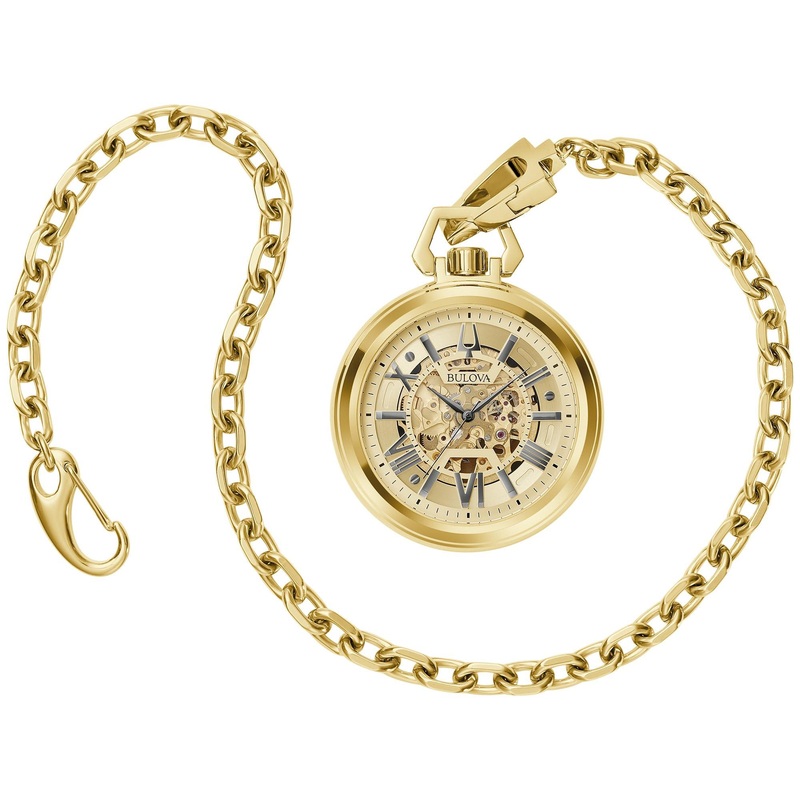 Bulova Classic Sutton Automatic Pocket Watch 3-Hand Date Gold Stainless Steel, Full Skeleton, Gold Dial with Gold Stainless Chain Style: 97A178