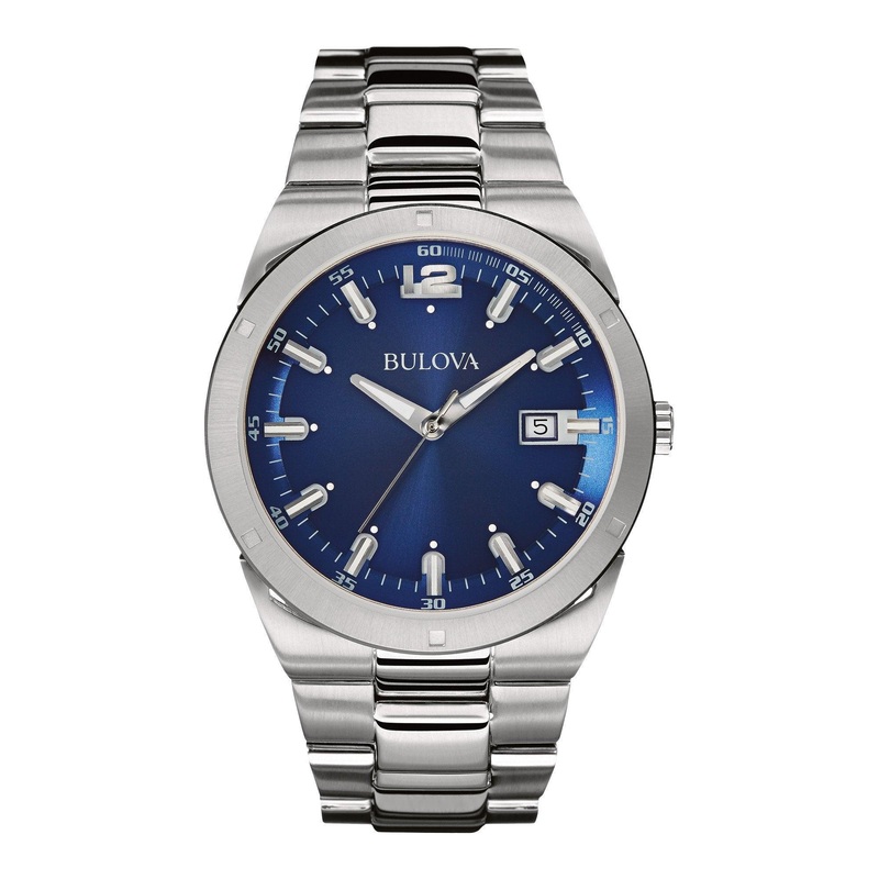 Bulova Men’s Classic Stainless Steel 3-Hand Calendar Date Quartz Watch, Blue Dial,43mm Style: 96B220