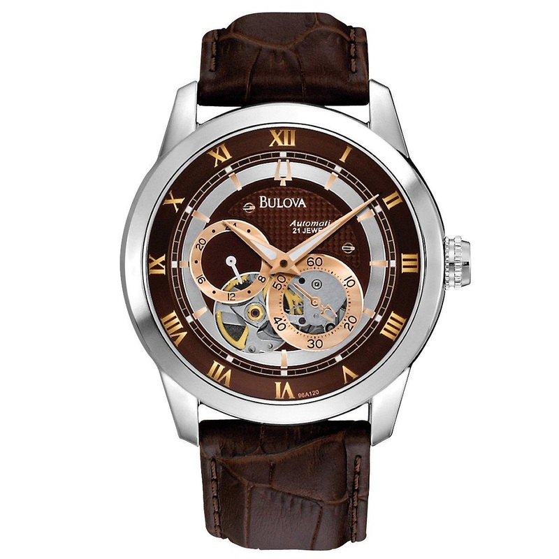 Bulova Men’s Classic Sutton 4-Hand Automatic Watch, 24-Hour Sub Dial, Open Aperture, Self-Winding, Exhibition Caseback, Double Curved Mineral Crystal, Luminous Hands, 42mm Brown Strap/Brown Dial