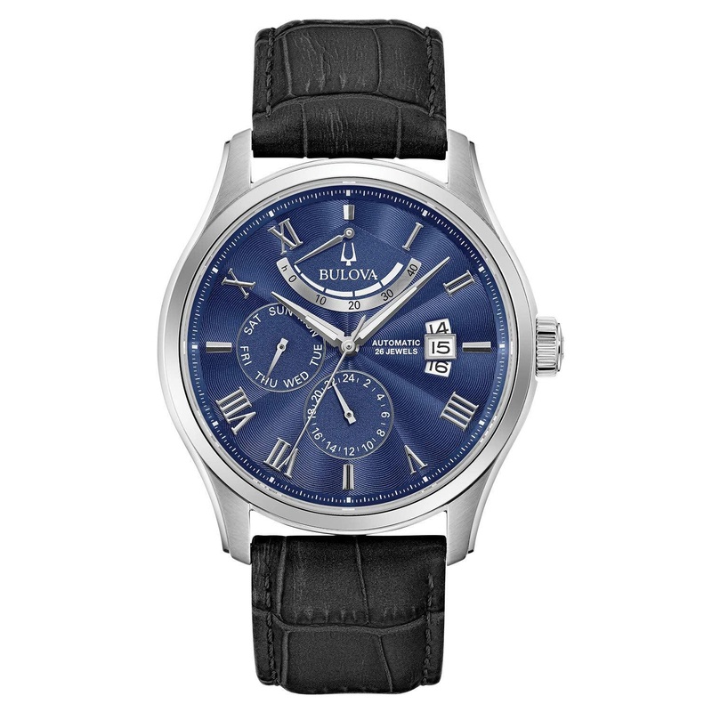 Bulova Men’s Classic Wilton 6-Hand Chronograph Quartz, Luminous Hands, Textured Dial, Roman Numeral Markers Black/ Stainless/ Blue Dial