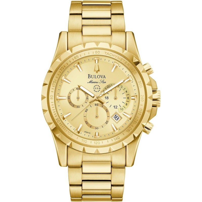 Bulova Men’s Marine Star 6-Hand Chronograph Quartz Gold Stainless Steel Watch, 24 Hour Time, Calendar, 42mm, Style:97B119