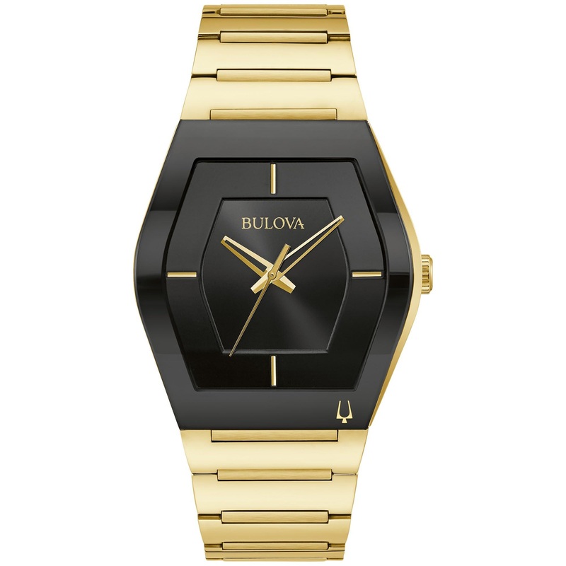 Bulova Men’s Modern Gemini 3-Hand Quartz Silver Stainless Steel Watch, Edge-to-Edge Crystal Gold/ Black Dial