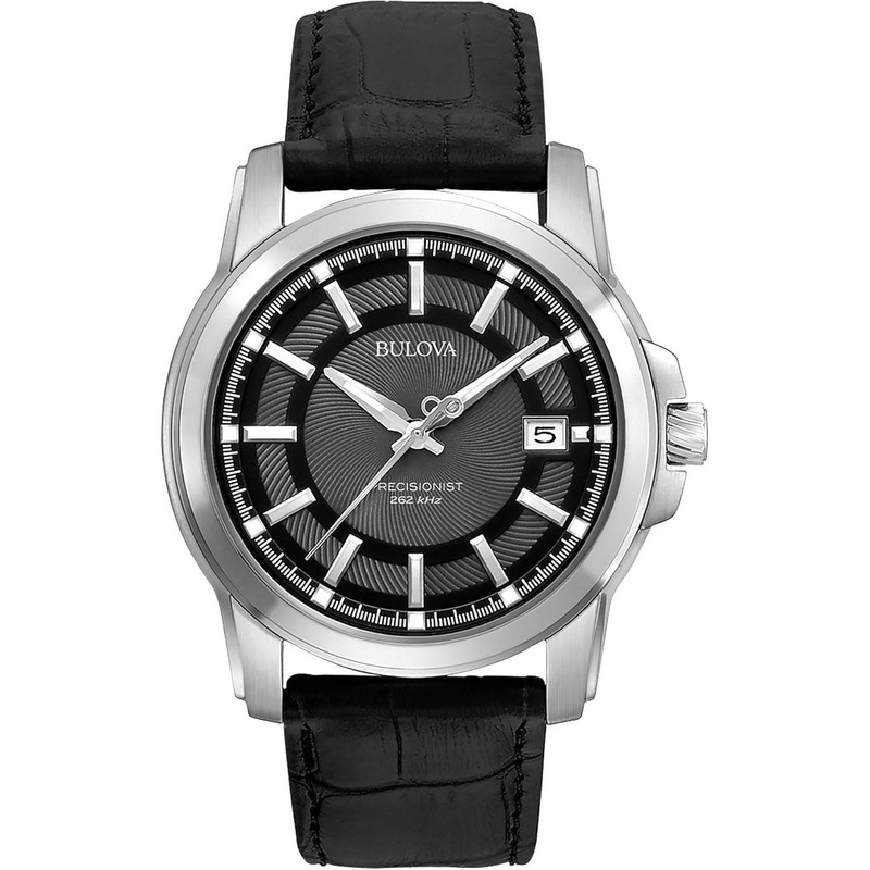 Bulova Men’s Precisionist 3-Hand Calendar in Stainless Steel with Black Leather Strap and Black Patterned Dial Style: 96B158