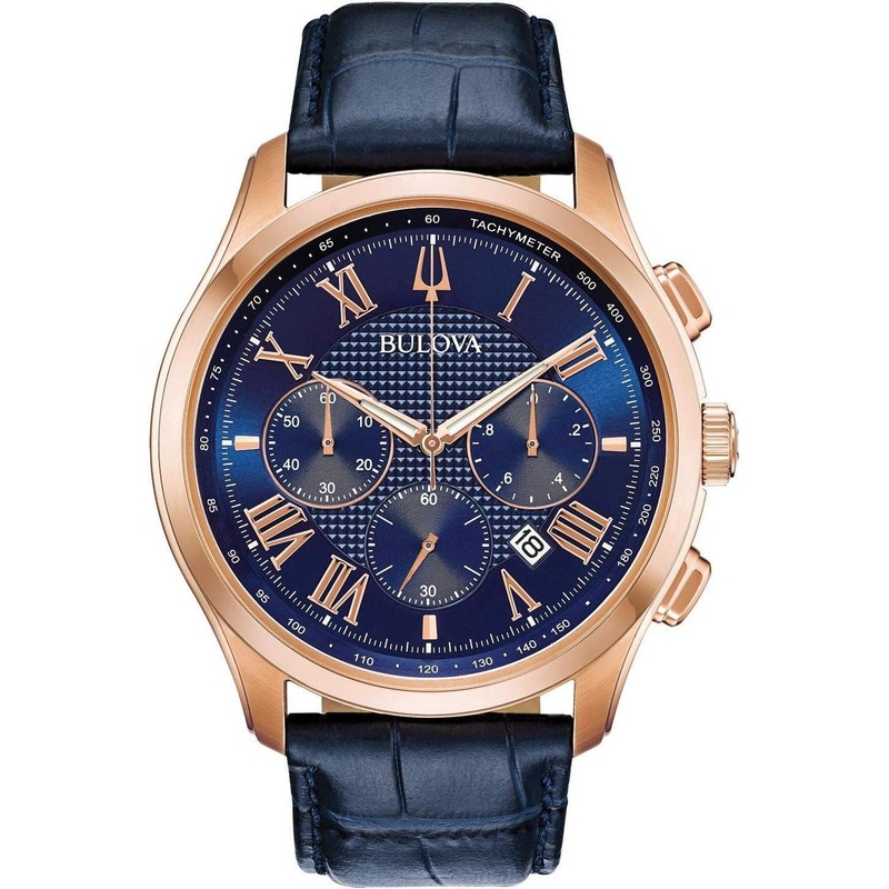 Bulova Men’s Wilton 21-Jewel Watch, 60hr Power Reserve, Luminous Hands, Roman Numerals, Domed Sapphire Crystal, 43mm, Blue/Rose Gold