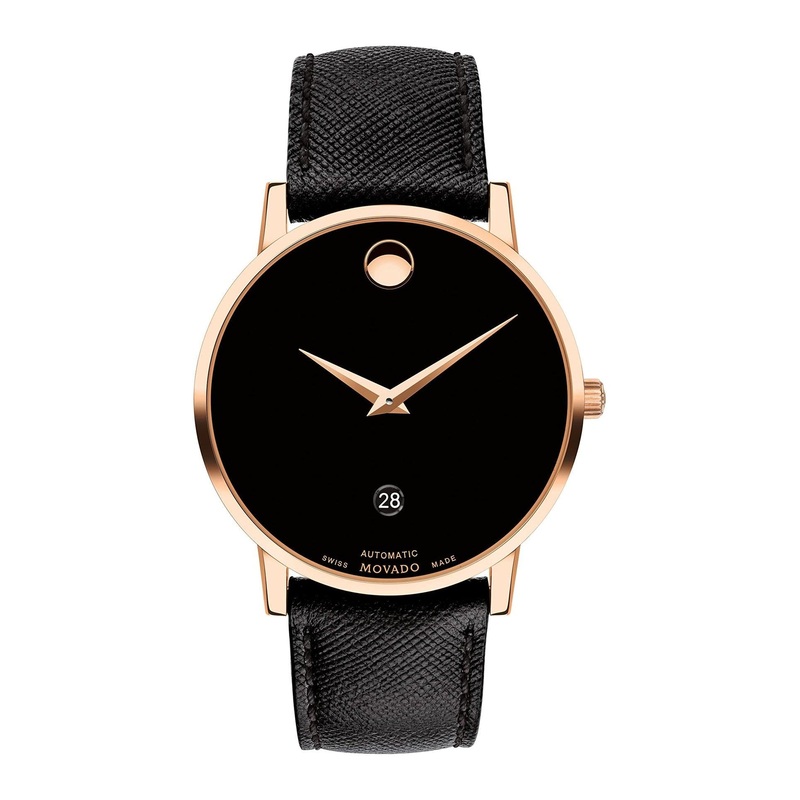 Movado Museum Classic Men’s Swiss Automatic Watch – Self-Winding Movement, Leather Strap – Water Resistance 3ATM/30 Meters – Classic Luxury Mechanical Timepiece – Gift for Him – 40mm Black Rose Gold