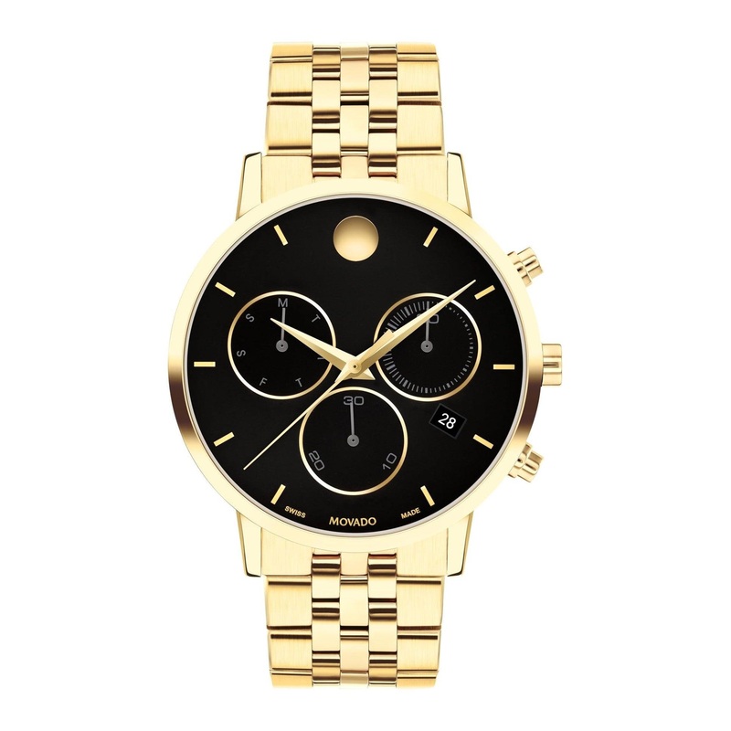 Movado Museum Classic Men’s Watch – Swiss Quartz Chronograph Movement, Stainless Steel Link Bracelet – 3 ATM Water Resistance – Classic, Luxury Fashion Timepiece for Him – 42mm Gold Black