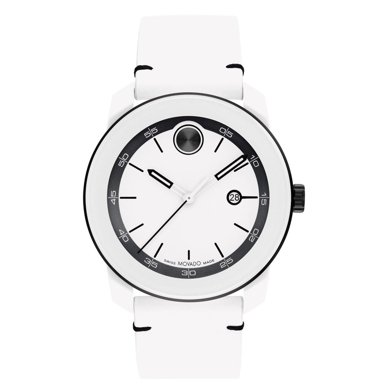 Movado Bold TR90 Ultra Modern Watch for Men and Women – Swiss Quartz 3H Movement, Leather Strap – Water Resistant 3ATM/30 Meters – Sporty Style Wristwatch for Everyone – 42mm White White