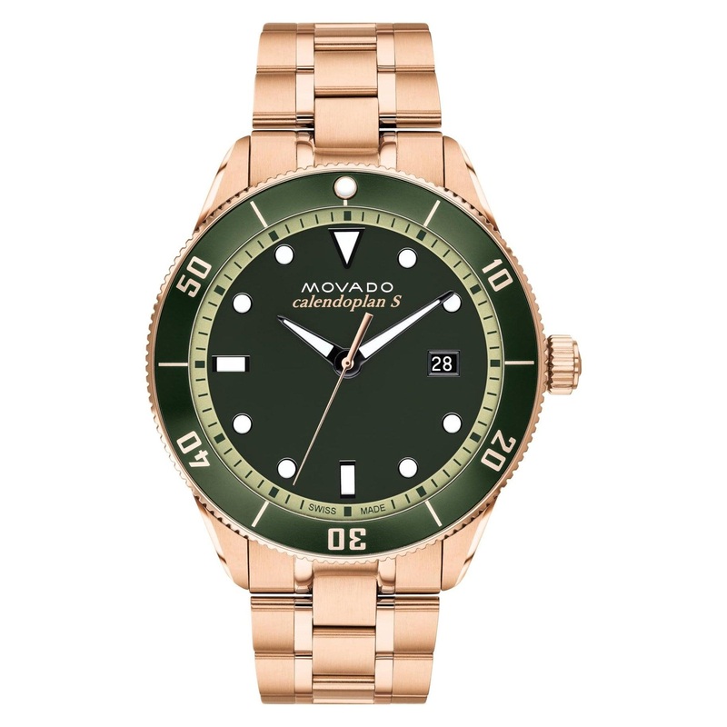 Movado Heritage Series Calendoplan S Men’s Watch – Swiss Quartz 3H Movement, Stainless Steel Link Bracelet – 5 ATM Water Resistance – Sport Luxury Fashion Timepiece for Him – 43mm Rose Gold