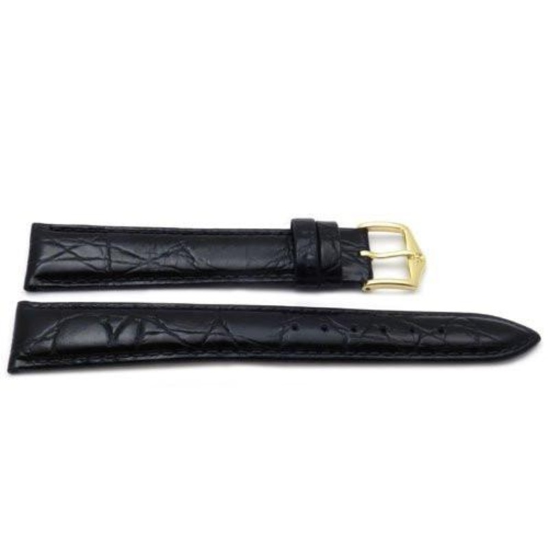 Genuine Textured Leather Crocodile Grain Anti-Allergic Glossy Extra Long Black Watch Band Black