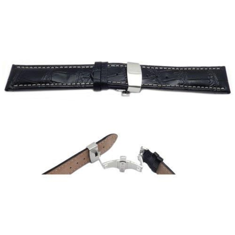 Black Alligator Grain White Stitched Long Watch Strap with Deployment Clasp Black