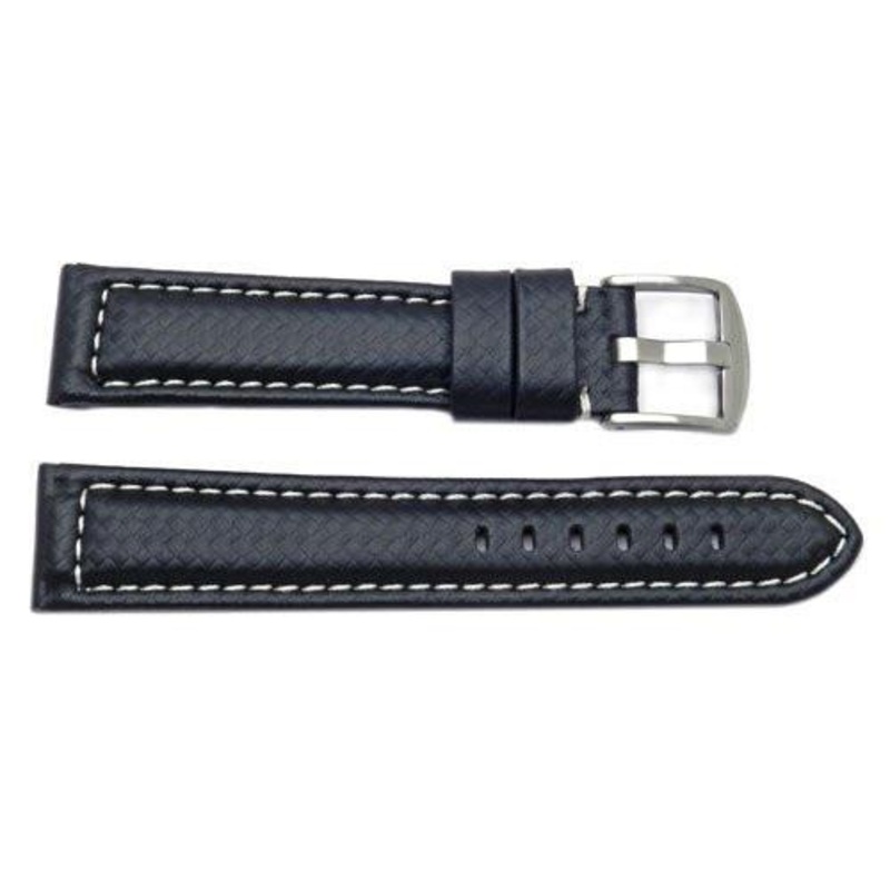 Black Leather Carbon Fiber Style Long Watch Band Black