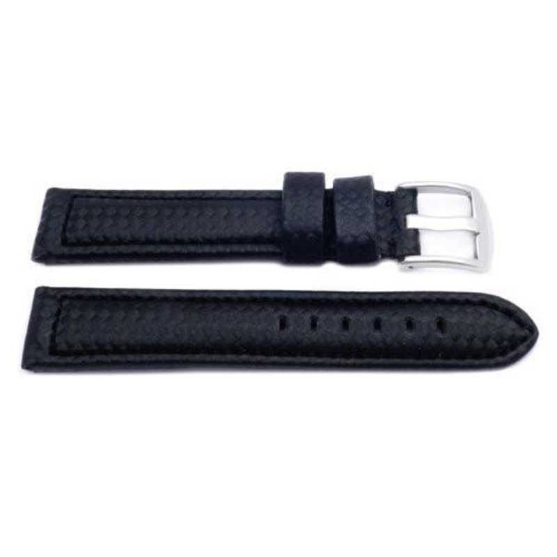 Black Leather Carbon Fiber Style Long Watch Band Black