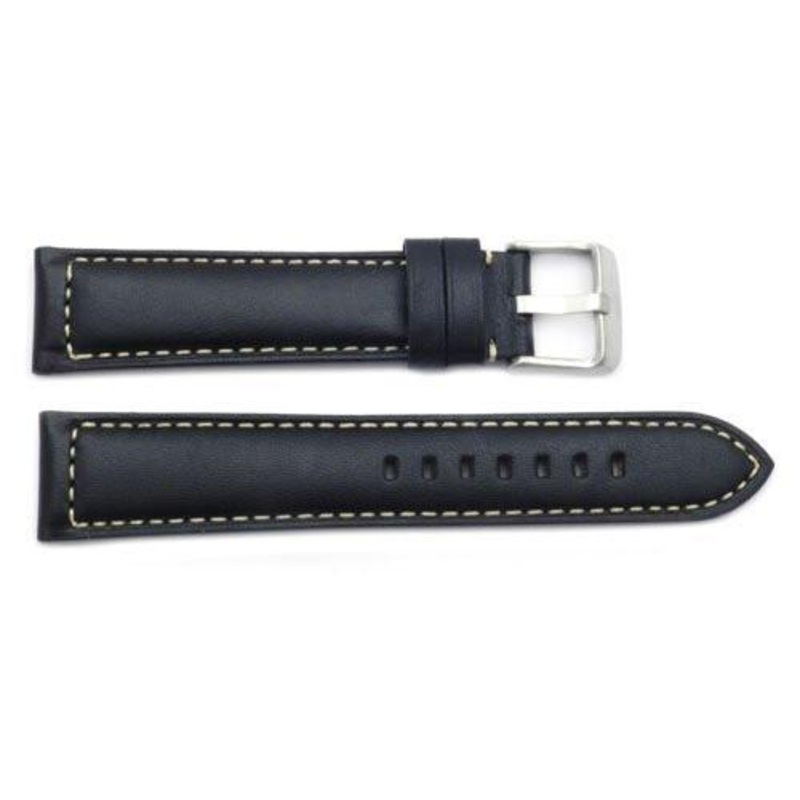 ZRC Genuine Calfskin Smooth Leather White Stitching Watch Strap Black
