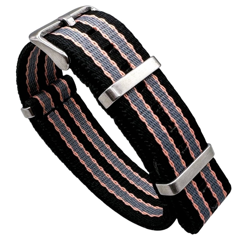 Herringbone NATO Bond ‘No Time To Die’ Military Nylon Watch Strap | BLACK / GREY / PEACH | 20 22 mm