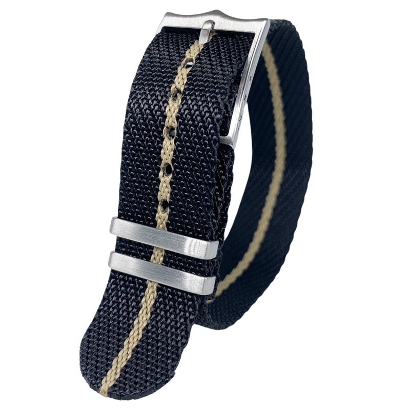 Twill Woven Nylon Single Pass Watch Strap | BLACK / BEIGE | 20 22 mm