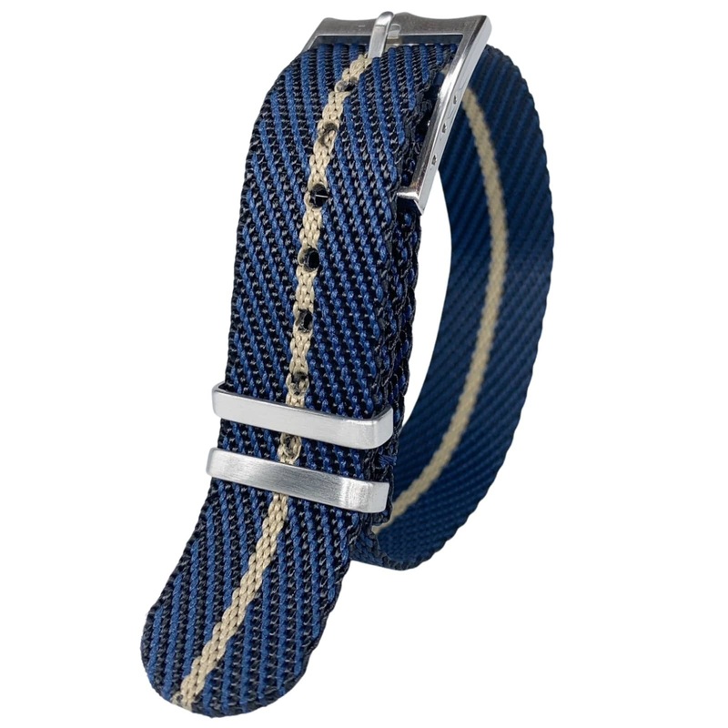Twill Woven Nylon Single Pass Watch Strap | DARK BLUE / BEIGE | 20 22 mm