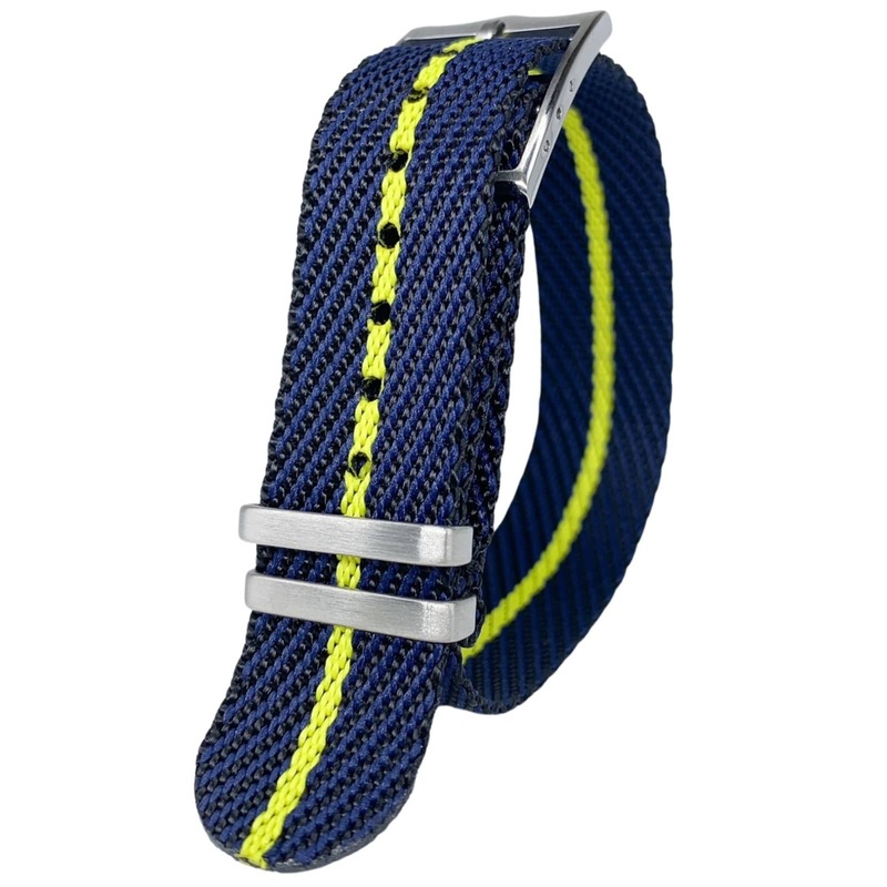 Twill Woven Nylon Single Pass Watch Strap | DARK BLUE / YELLOW | 20 22 mm