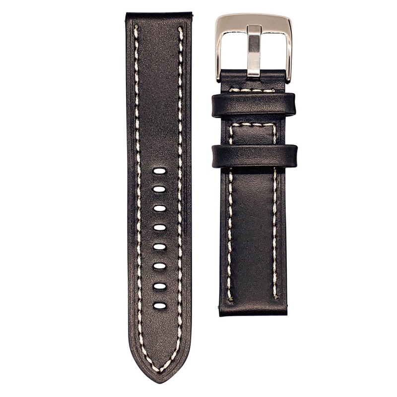 Smooth Grain Genuine Leather White Stitched Watch Strap | DARK BROWN | 18 20 mm