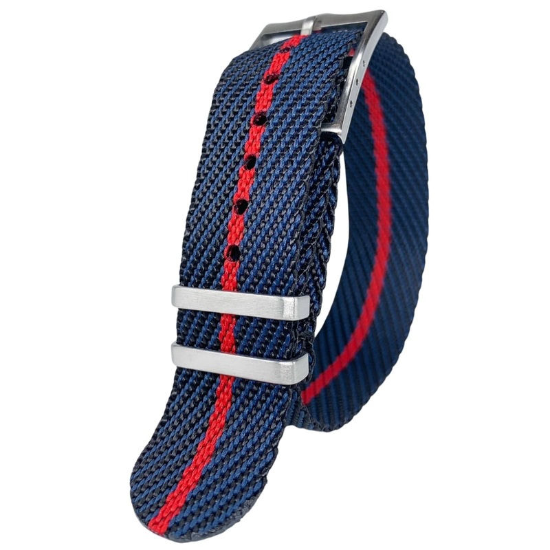 Twill Woven Nylon Single Pass Watch Strap | DARK BLUE / RED | 20 22 mm