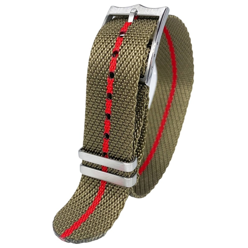 Twill Woven Nylon Single Pass Watch Strap | GREEN / RED | 20 22 mm