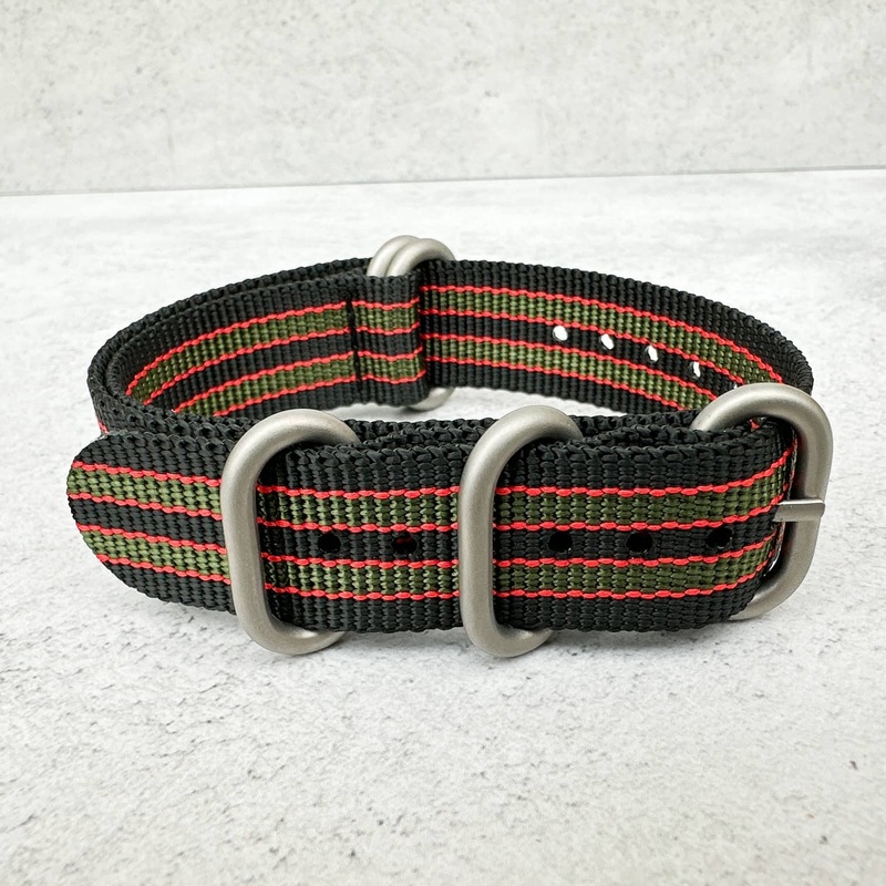 Zulu Heavy Duty Bond ‘Goldfinger’ Nylon NATO Watch Strap | BLACK / GREEN / RED | 20 22 mm