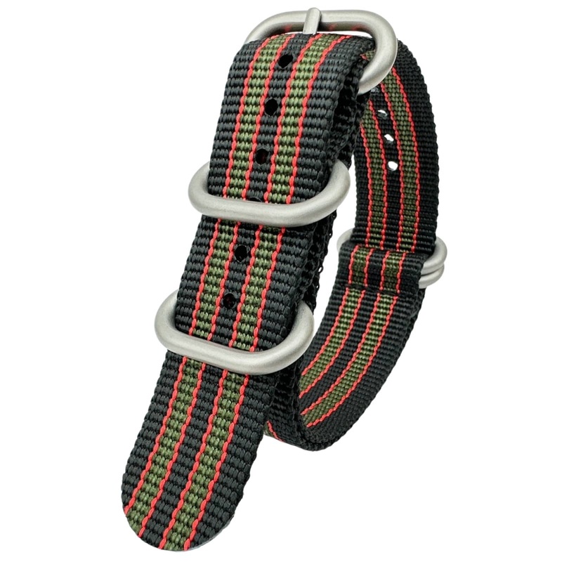 Zulu Heavy Duty Bond ‘Goldfinger’ Nylon NATO Watch Strap | BLACK / GREEN / RED | 20 22 mm