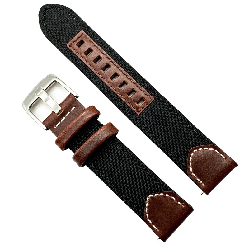 Sailcloth Nylon Leather Hybrid Watch Strap | BLACK | 20 22 24 mm
