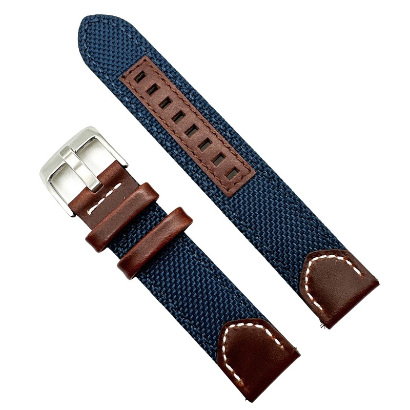 Sailcloth Nylon Leather Hybrid Watch Strap | BLUE | 20 22 24 mm