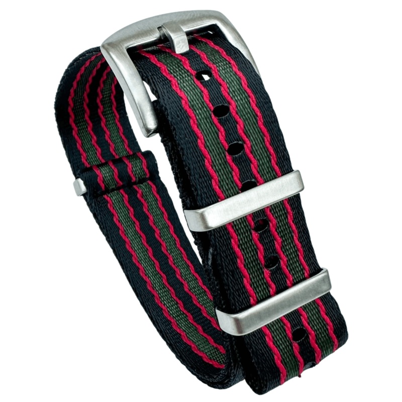 Seatbelt Nylon Bond ‘Goldfinger’ NATO Watch Strap | BLACK / GREEN / RED | 18 20 22 mm
