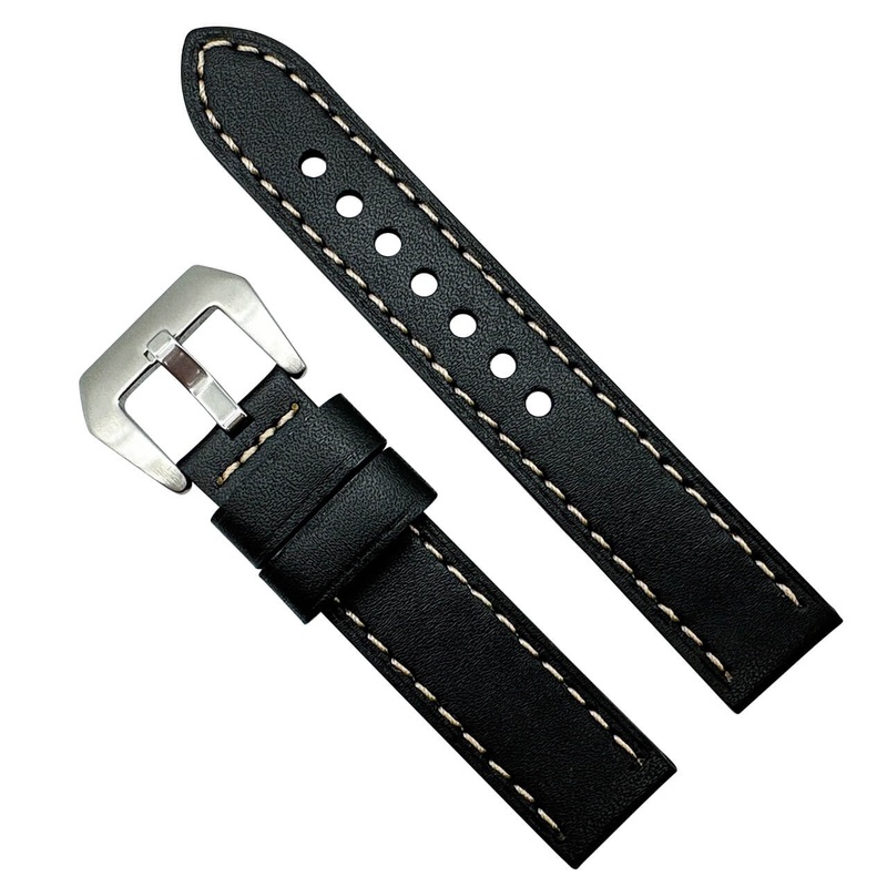 Genuine Leather Watch Strap With Big Steel Buckle | BLACK | 20 22 mm