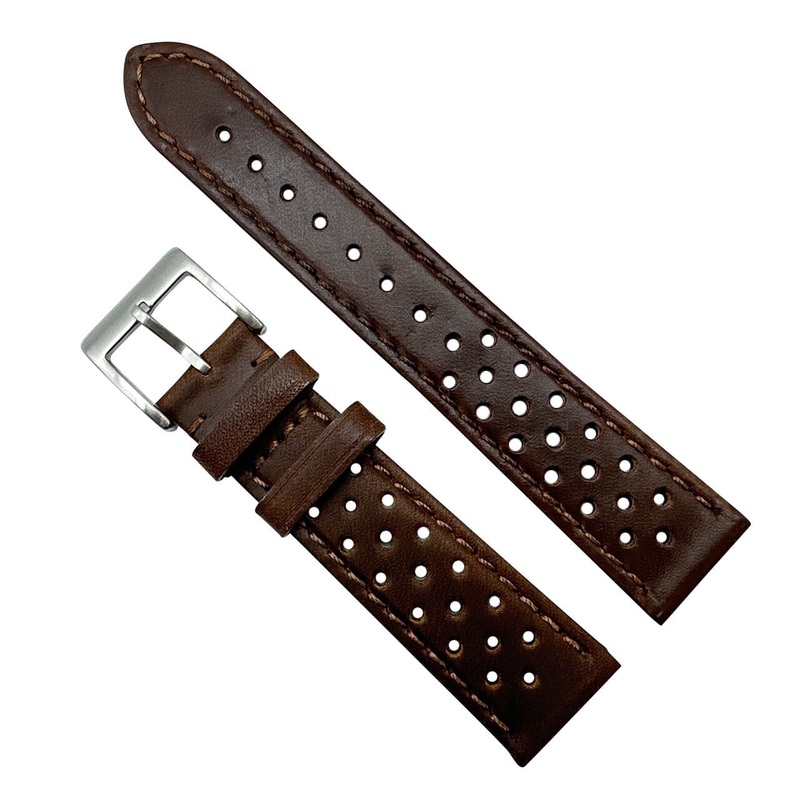 Rally Racing Perforated Leather Watch Strap | DARK BROWN | 18 20 22 mm