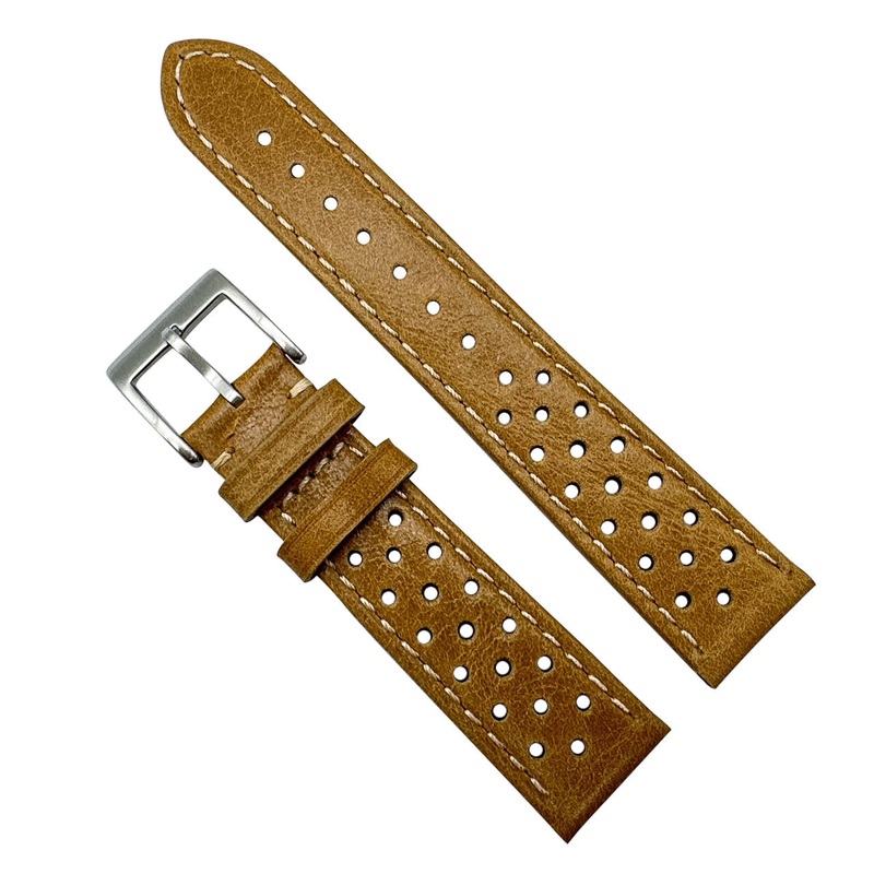 Rally Racing Perforated Leather Watch Strap | YELLOW BROWN | 18 20 22 mm