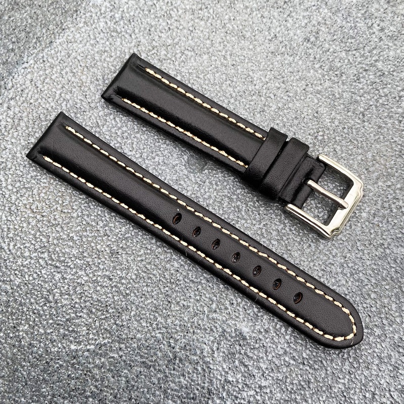 (Kyoto Series) 18mm/20mm/22mm Black Handcraft French Calfskin Leather Watch Strap w/White Stitching