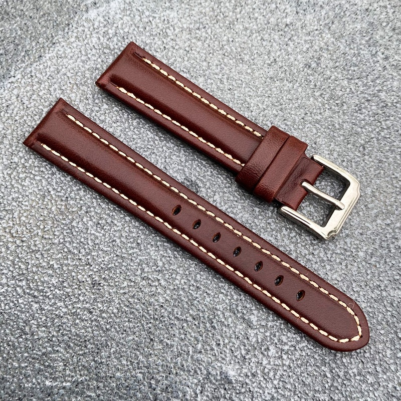 (Kyoto Series) 18mm/20mm/22mm Brown Handcraft French Calfskin Leather Watch Strap w/White Stitching