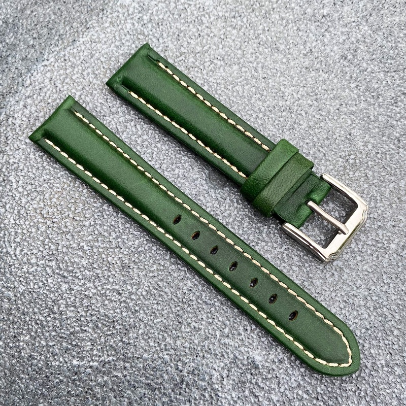 (Kyoto Series) 18mm/20mm/22mm Green Handcraft French Calfskin Leather Watch Strap w/White Stitching