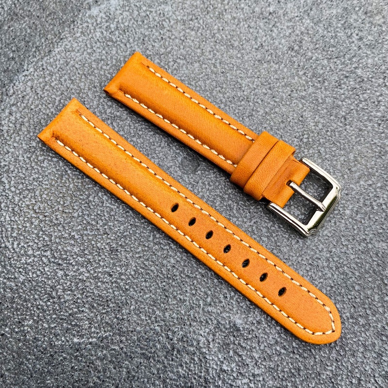 (Kyoto Series) 18mm/20mm/22mm Orange Handcraft French Calfskin Leather Watch Strap w/White Stitching