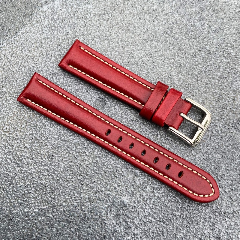 (Kyoto Series) 18mm/20mm/22mm Red Handcraft French Calfskin Leather Watch Strap w/White Stitching