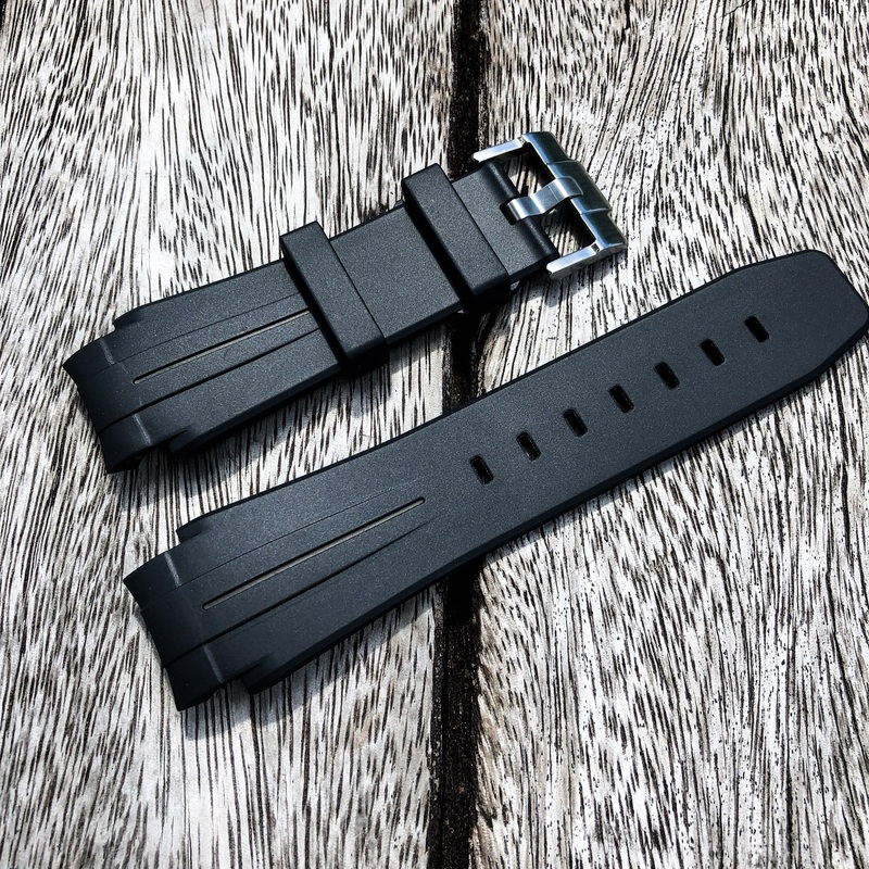 Aqua Series | Black with Black Line Rubber Watch Strap For Rolex Deepsea with Curved End