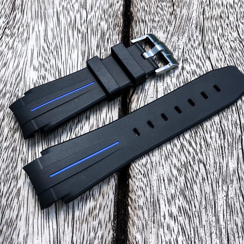 Aqua Series | Black with Blue Line Rubber Watch Strap For Rolex Deepsea with Curved End