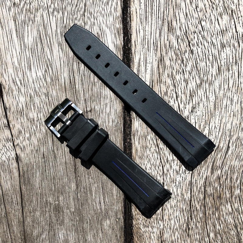 Aqua Series | Black with Blue Line Rubber Watch Strap For Rolex with Curved End