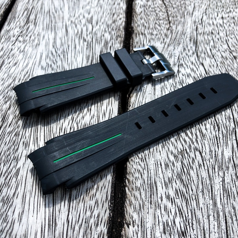 Aqua Series | Black with Green Line Rubber Watch Strap For Rolex Deepsea with Curved End