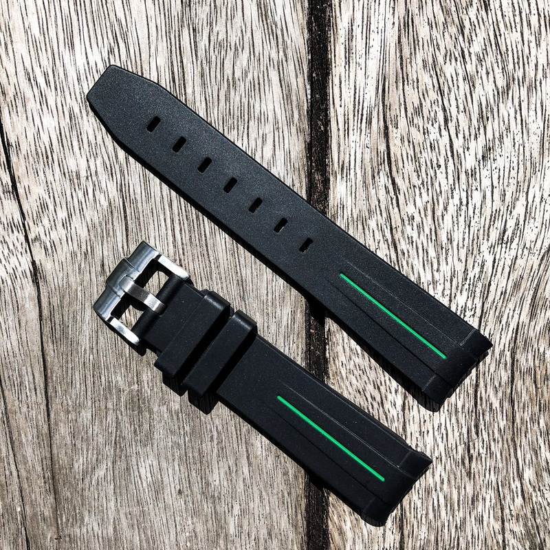 Aqua Series | Black with Green Line Rubber Watch Strap For Rolex with Curved End