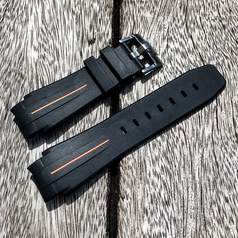 Aqua Series | Black with Orange Line Rubber Watch Strap For Rolex Deepsea with Curved End