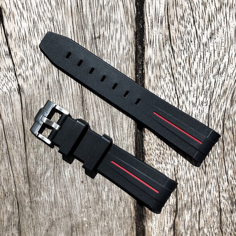 Aqua Series | Black with Red Line Rubber Watch Strap For Rolex with Curved End