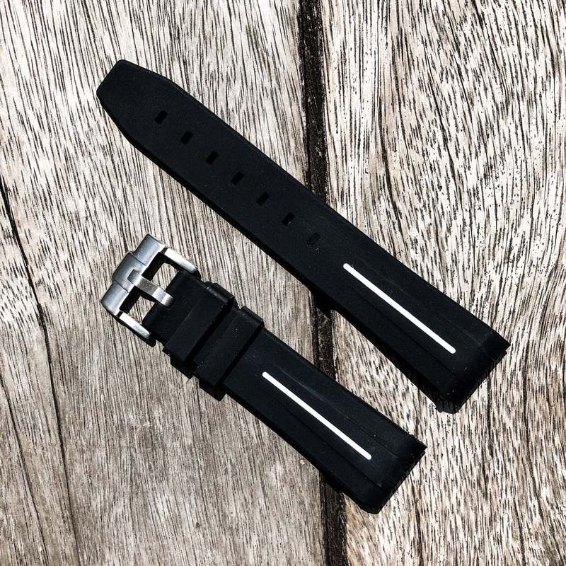 Aqua Series | Black with White Line Rubber Watch Strap For Rolex with Curved End