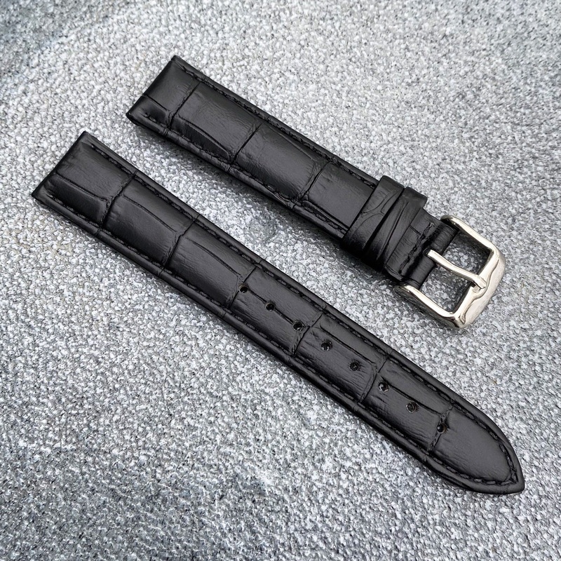 18mm/20mm Black Handcraft Alligator-embossed Italian Cowhide Leather Watch Strap w/Black Stitching