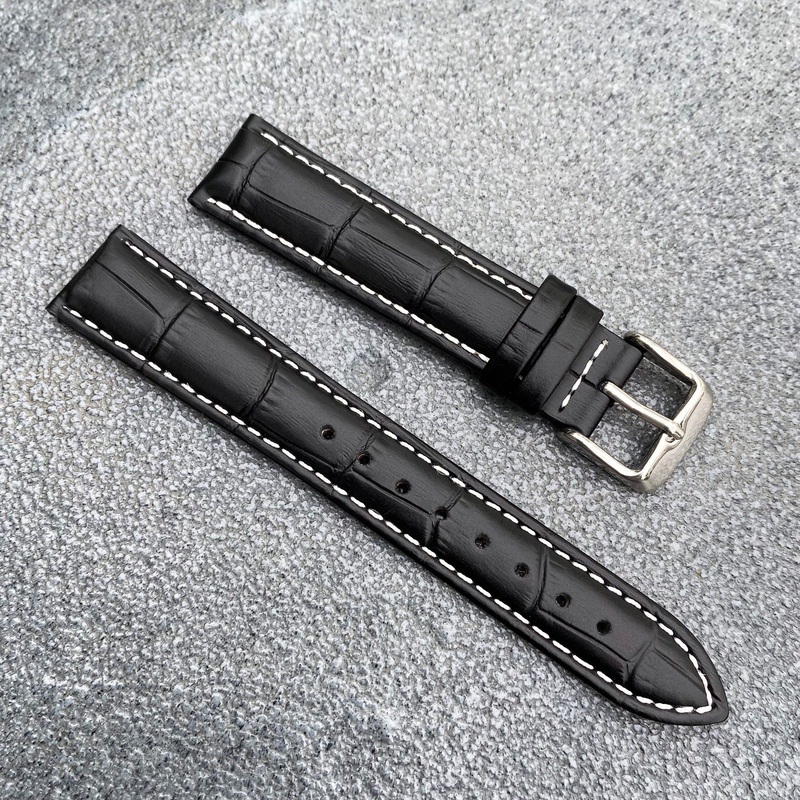 18mm/20mm Black Handcraft Alligator-embossed Italian Cowhide Leather Watch Strap w/White Stitching