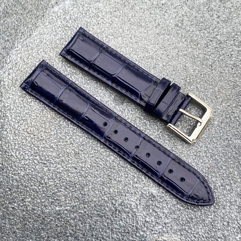 18mm/20mm Blue Handcraft Shiny Alligator-embossed Italian Cowhide Leather Watch Strap w/Blue Stitching